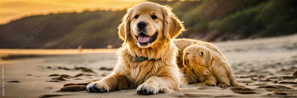 2 happy golden retriever puppies on the beach.
