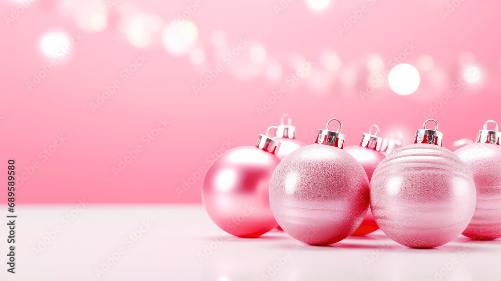 Pink Christmas background with festive Christmas balls. Holiday pink banner with copy space. Pink Christmas background with festive Christmas balls. Holiday pink banner with copy space.