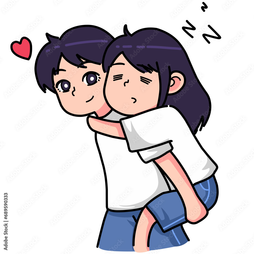 The man was carrying his girlfriend who was fast asleep. cartoon couple expression illustration The man was carrying his girlfriend who was fast asleep. cartoon couple expression illustration