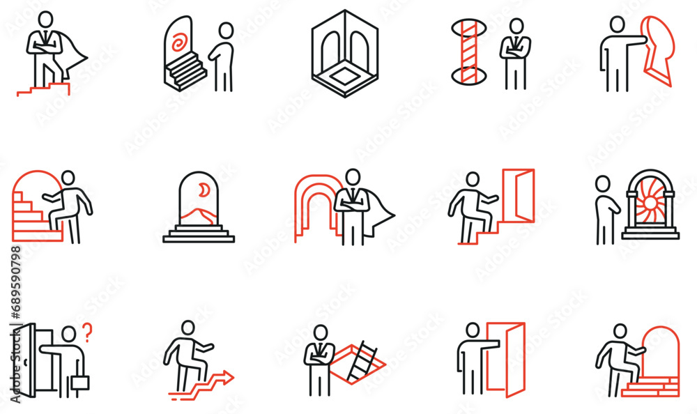 Vector Set of Linear Icons Related to Problem Solving, Decision-Making, Comfort Zone, Personal Challenge, Striving for Development. Mono line pictograms and infographics design elements - obrazy, fototapety, plakaty 