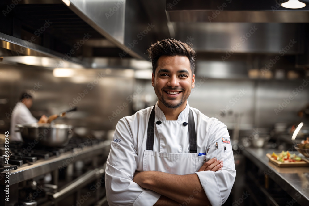 Smiling male chef with arms crossed in front of restaurant kitchen Smiling male chef with arms crossed in front of restaurant kitchen