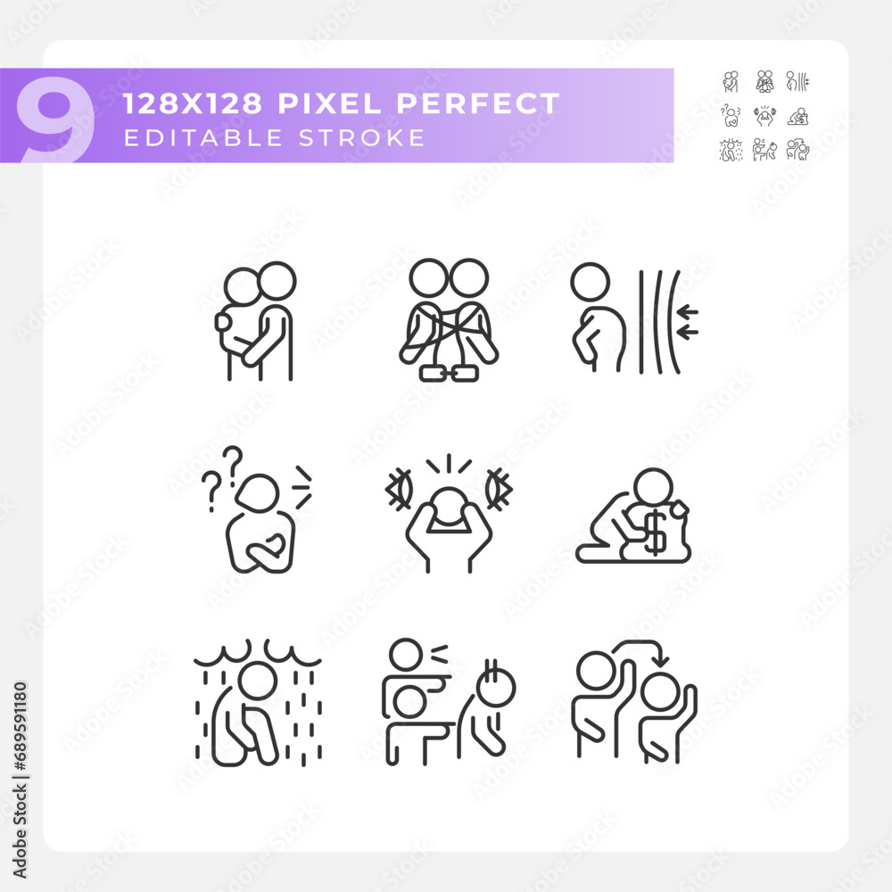 2D pixel perfect black icons set representing psychology, editable thin line illustration. 2D pixel perfect black icons set representing psychology, editable thin line illustration.