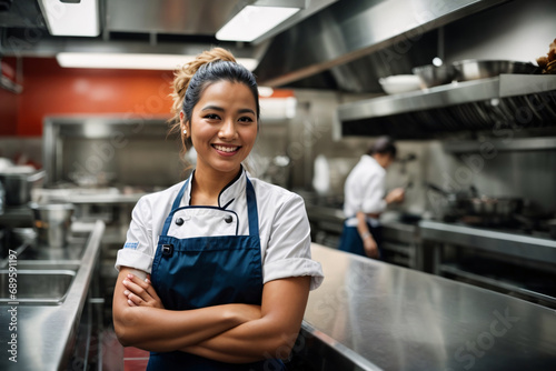 Smiling female chef with arms crossed against the backdrop of a restaurant kitchen photo