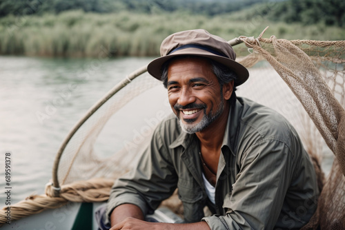 Smiling male fisherman with fishing net right next to a lake photo