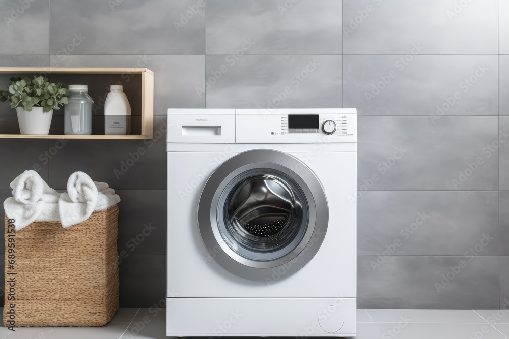 Washing machine. Bathroom. Laundry. Laundry. Minimalistic design, white tile wall