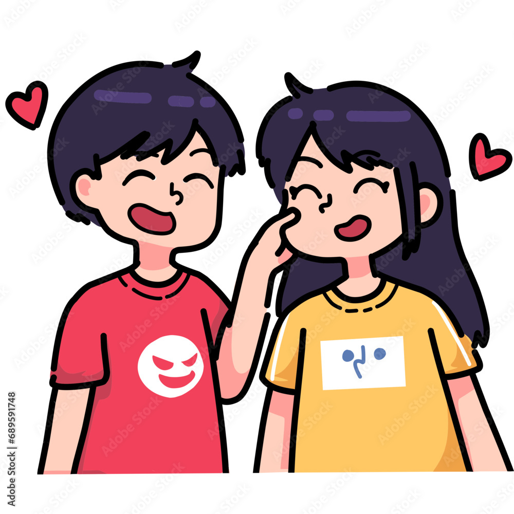 The man pinched his sweet girlfriend's cheek, they looked very happy. cartoon couple expression illustration The man pinched his sweet girlfriend's cheek, they looked very happy. cartoon couple expression illustration
