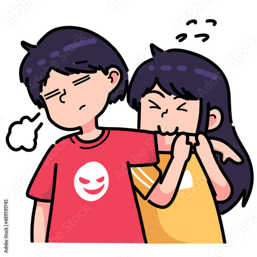 A woman casually bites her boyfriend's spoiled hand, the boyfriend only responds with resignation. cartoon couple expression illustration