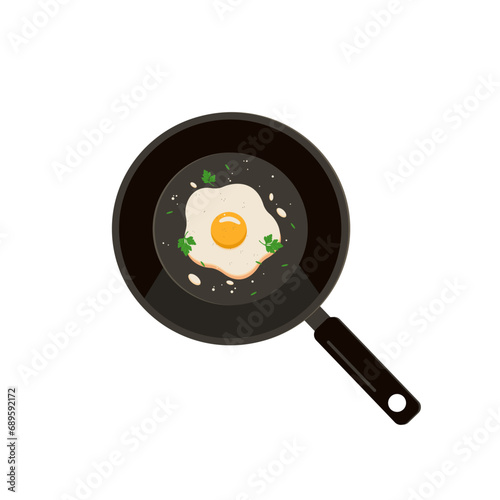 Fried egg on frying pan. Isolated on white background. Vector illustration.