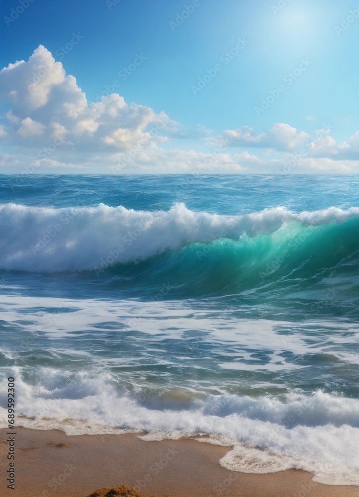 sea ​​wave long , noon, daylight(blue sky),sea ​​wave with foam close-up, noon, daylight, artstation, panoramic format