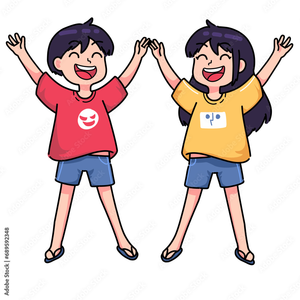 women and men look very happy and happy. they raised their hands and smiled broadly. cartoon expression couple illustration