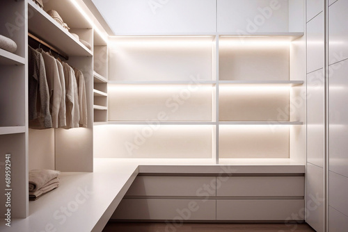 A cozy wardrobe room with white walls and a closet, featuring clothes hung up in neat fashion
