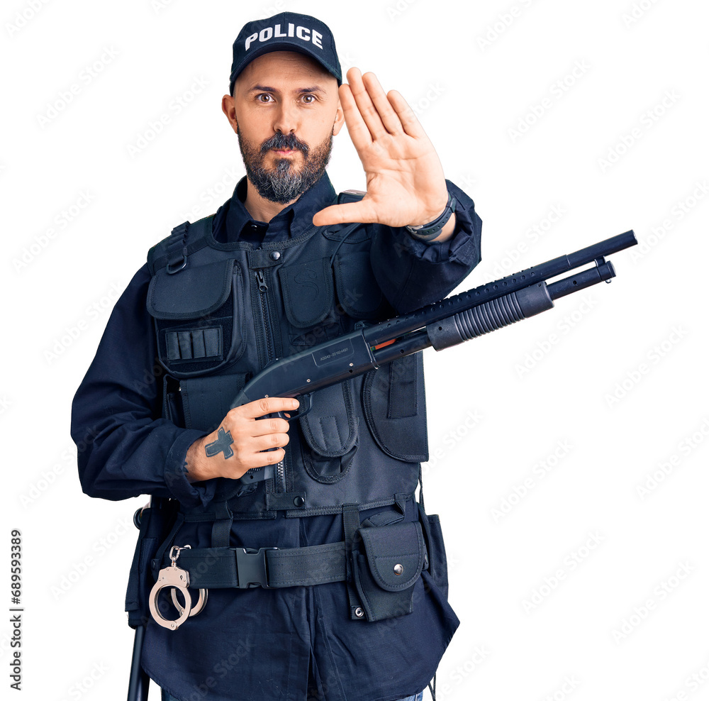 Young handsome man wearing police uniform holding shotgun with open hand doing stop sign with serious and confident expression, defense gesture Young handsome man wearing police uniform holding shotgun with open hand doing stop sign with serious and confident expression, defense gesture