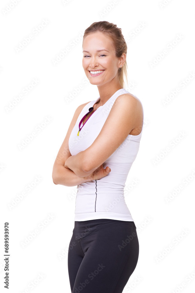 Studio, portrait and woman with smile in gym clothes, health wellness and fitness lifestyle with mockup. Person, happy or face of training in trendy sports fashion, exercise gear or white background Studio, portrait and woman with smile in gym clothes, health wellness and fitness lifestyle with mockup. Person, happy or face of training in trendy sports fashion, exercise gear or white background