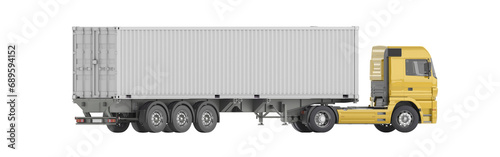 A yellow truck with a trailer on which a sea container is located. 3d illustration. Orthographic view. Isolated on a white background.