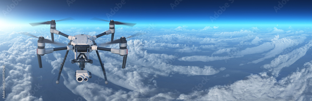 A modern aerial drone (quadcopter) with remote control, flying with an action camera. Flying above the clouds. 3d illustration.