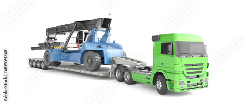 Loader (reach stacker) on a trailer platform at the truck ready for transportation. 3d illustration. Isolated on white background. Orthographic view.
