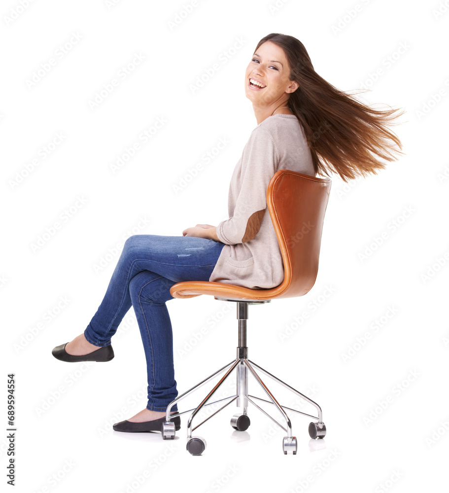 Happy, secretary and portrait of woman on chair in studio, white background or mockup space. Receptionist, smile and employee laughing with freedom, sitting in office or workplace with casual fashion Happy, secretary and portrait of woman on chair in studio, white background or mockup space. Receptionist, smile and employee laughing with freedom, sitting in office or workplace with casual fashion