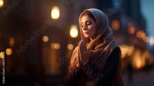 Woman in headscarf prays to God on the street a sacred holiday photo