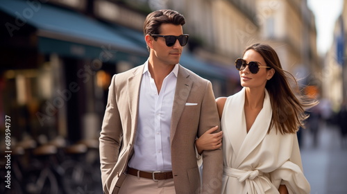Beautiful portrait elegant couple wearing luxury cloth, walking in Paris street