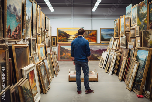 an artist in a self-storage unit - browsing through their stored artworks. 