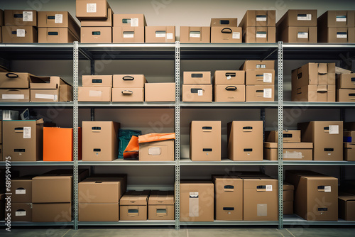 a self-storage unit - showcasing well-organized shelves lined with labeled boxes. photo