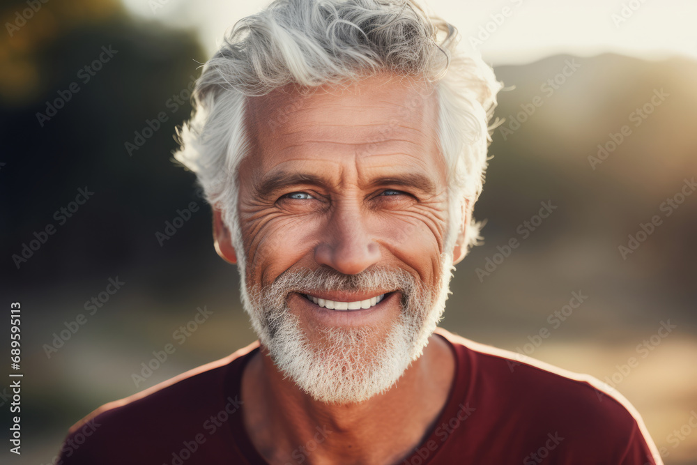 Attractive good looking smiling man aged 50-60 with bright white teeth and gray beard and hair looking straight into the camera, beautiful appearance despite his age.generative ai