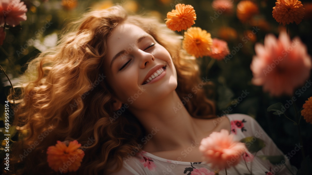 Spring portrait of a woman lying in flowers in a field grass. Romance and dreams