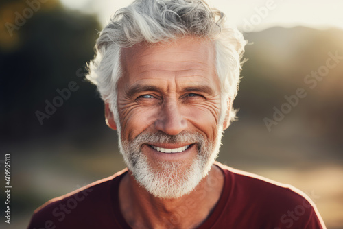 Attractive good looking smiling man aged 50-60 with bright white teeth and gray beard and hair looking straight into the camera, beautiful appearance despite his age.generative ai photo