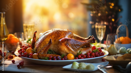 Thanksgiving baked turkey on holiday table, food and drink