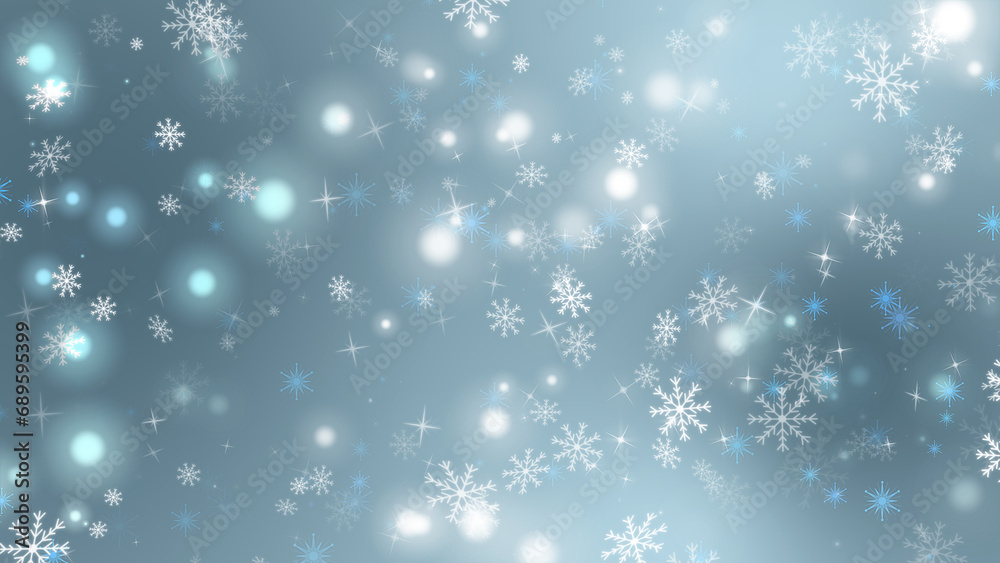 Winter Decoration Background. Blue background with colored and white snowflakes and glitter stars.
