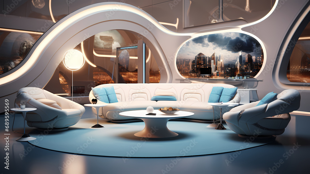 A futuristic living room mockup with fluid design