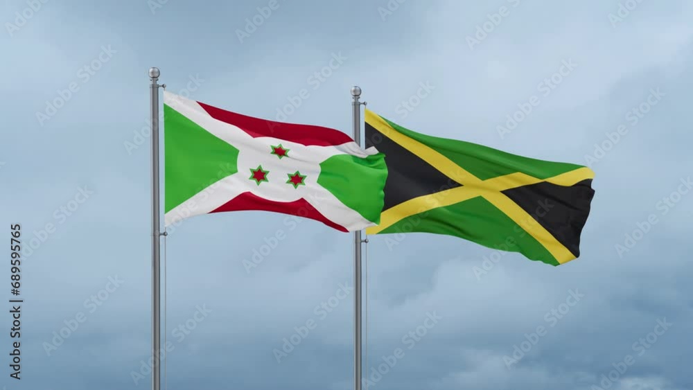 Jamaica and Burundi flag waving together on cloudy sky, endless seamless loop, two country cooperation concept
