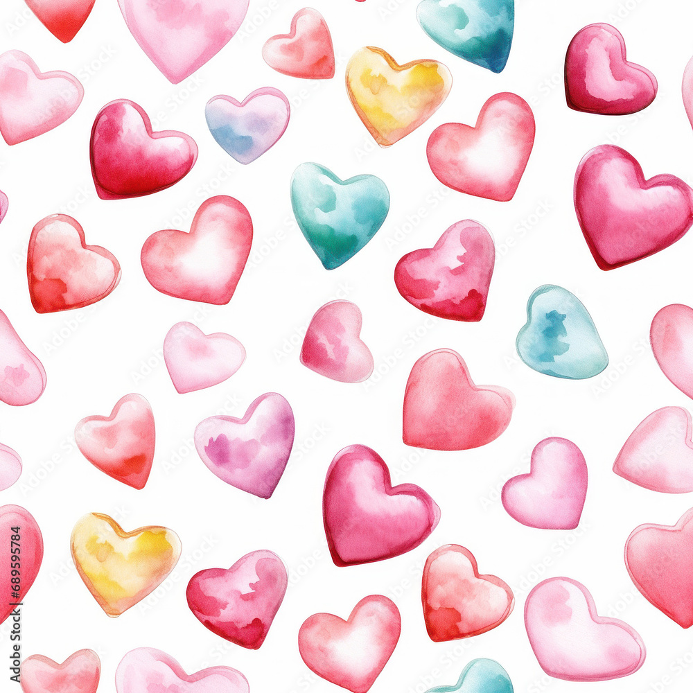 Seamless background in watercolor style: pink red hearts on a white background, for Valentine's day and other holidays