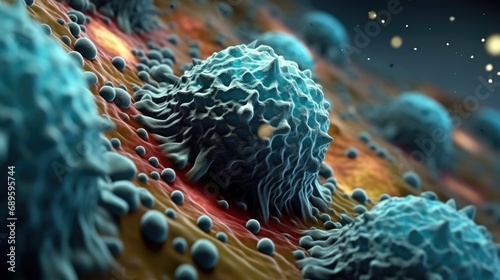 Cancer cell metastasis disease anatomy concept as growing malignant tumor on organ inside human body. 3D illustration.. photo