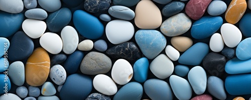 Abstract nature pebbles background. Texture of blue, white pebbles. Stone background. Seamless or repeating pattern.