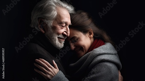 Old senior couple in love hug and embrace with romance together close-up portrait background. Hug Day, St Valentines concept. Happy mature man and woman hugging together. Elderly people in love..