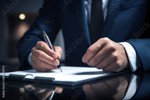 Businessman using pen to tick correct sign mark in checkbox for quality document control checklist and business approve project concept