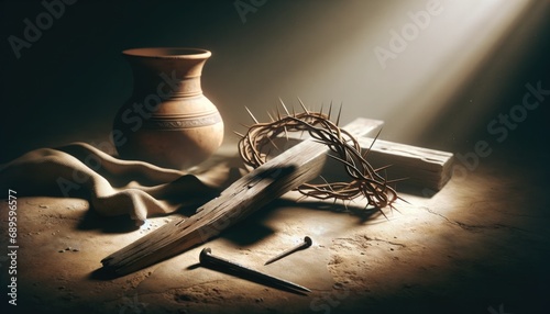 Symbolic Christian Crucifixion: Cross and Crown of Thorns. photo