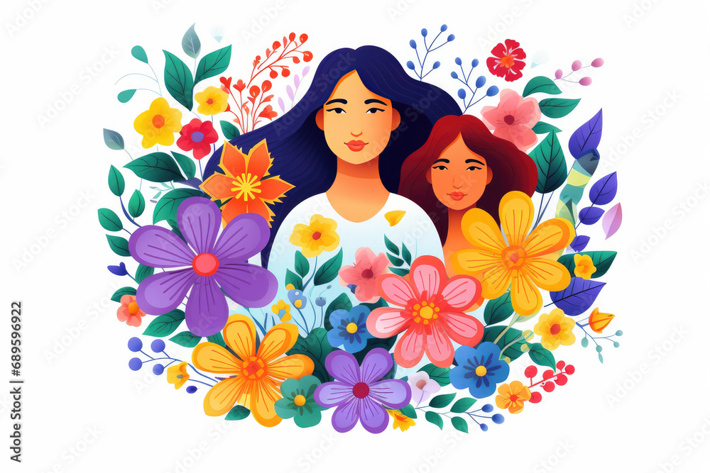 Flat illustration of two women with flowers for Women's Equality Day or March 8th, white background