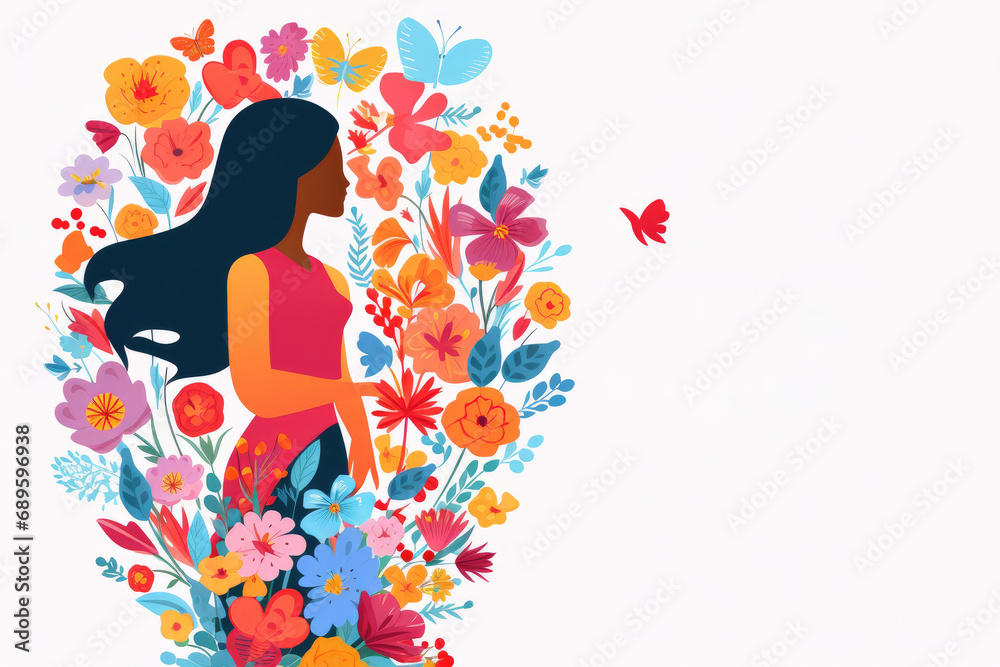 Flat illustration of woman with flowers for Women's Equality Day or March 8 on white background Flat illustration of woman with flowers for Women's Equality Day or March 8 on white background
