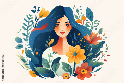Flat illustration of woman with flowers for Women s Equality Day or March 8 on white background