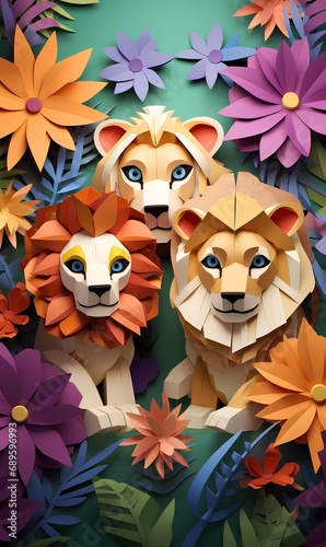 カラフルな花とライオン（タテ）