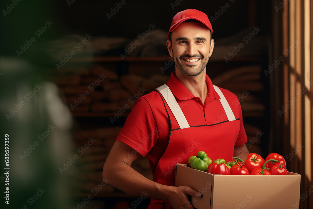 Takeaway delivery, food concepts. A cheerful courier in a red uniform brings an order of groceries or fruits to a customer's house, holding a box full of food.generative ai Takeaway delivery, food concepts. A cheerful courier in a red uniform brings an order of groceries or fruits to a customer's house, holding a box full of food.generative ai