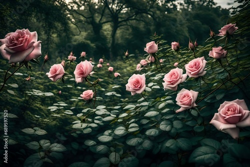 pink red black and sky blue color flowers roses field with sunlight falling and water drops
rose growing in the middle of the water of the lake with green leaves spread all-around abstract background  photo