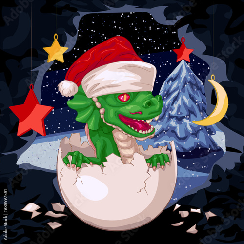 Green wooden dragon hatched from an egg wearing Santa Claus hat in cave. 
Vector illustration of baby dragon crawling out of an egg in cave wearing Christmas hat with New Year toys above it.
