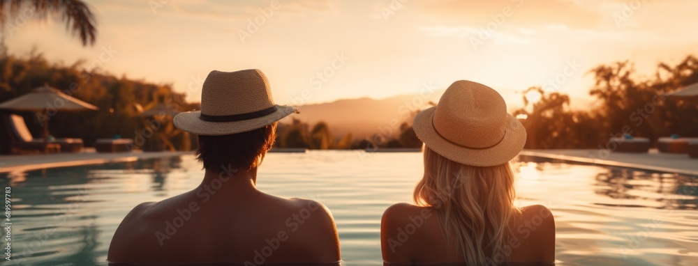 Couple enjoying sunset from infinity pool at tropical island resort hotel. Romantic beach getaway holiday. banner with copy space. - obrazy, fototapety, plakaty 