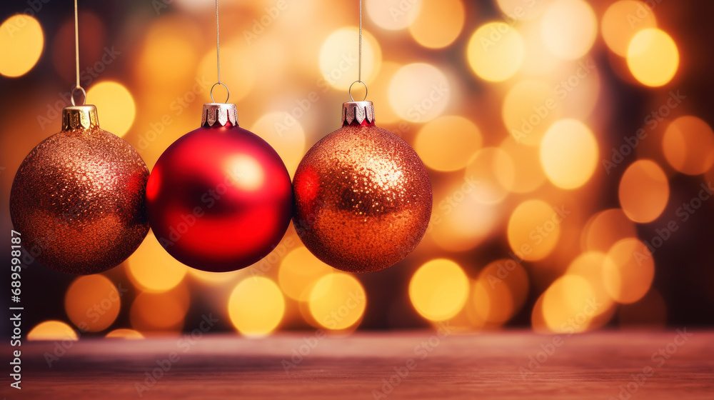 Red christmas balls hanging from a christmas tree during the holidays background. Red christmas balls hanging from a christmas tree during the holidays background.