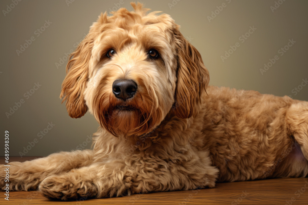 Beautiful red cockapoo dog lying on the floor at home, close up view with space for text.generative ai