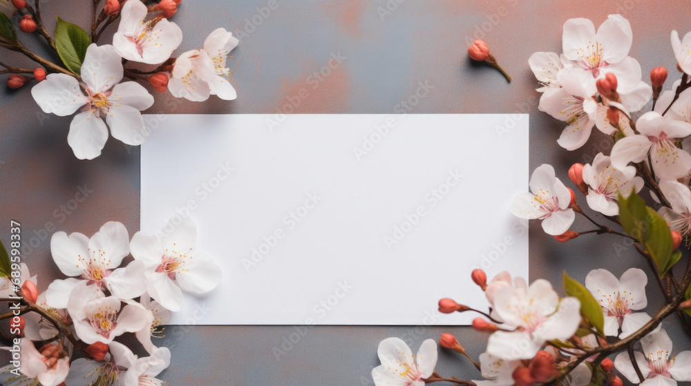 Fototapeta premium Background of pink flowers. Spring blooming with copy space in the center. Top view. Copy space. Mockup.