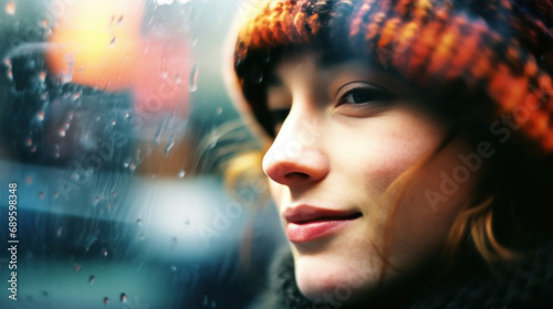 gros plan d'une jeune femme avec un bonnet en laine multicolore derrière une vitre embuée et humide en hiver photo